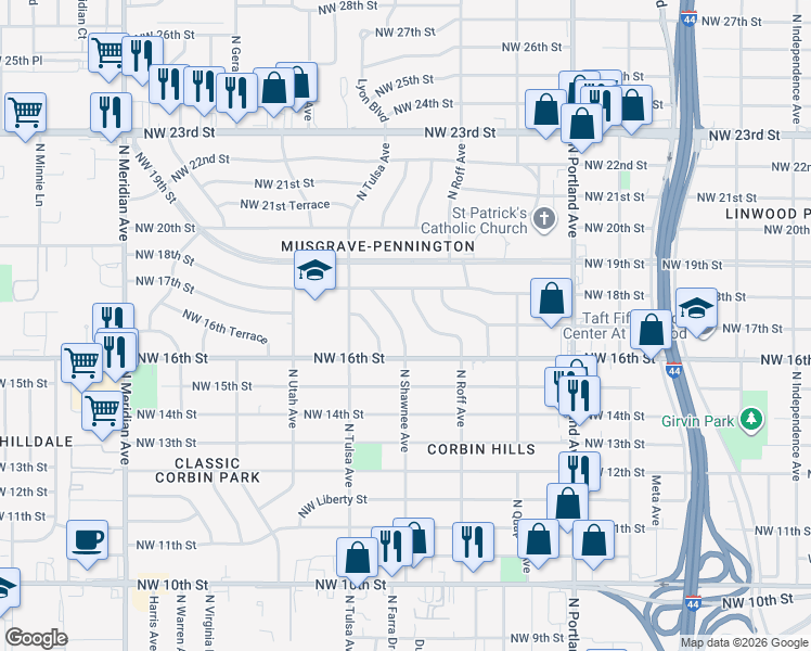 map of restaurants, bars, coffee shops, grocery stores, and more near 1722 North Shawnee Avenue in Oklahoma City