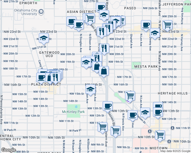 map of restaurants, bars, coffee shops, grocery stores, and more near 1211 1/2 Northwest 17th Street in Oklahoma City
