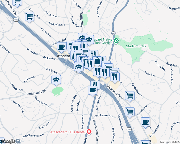 map of restaurants, bars, coffee shops, grocery stores, and more near 6910 El Camino Real in Atascadero