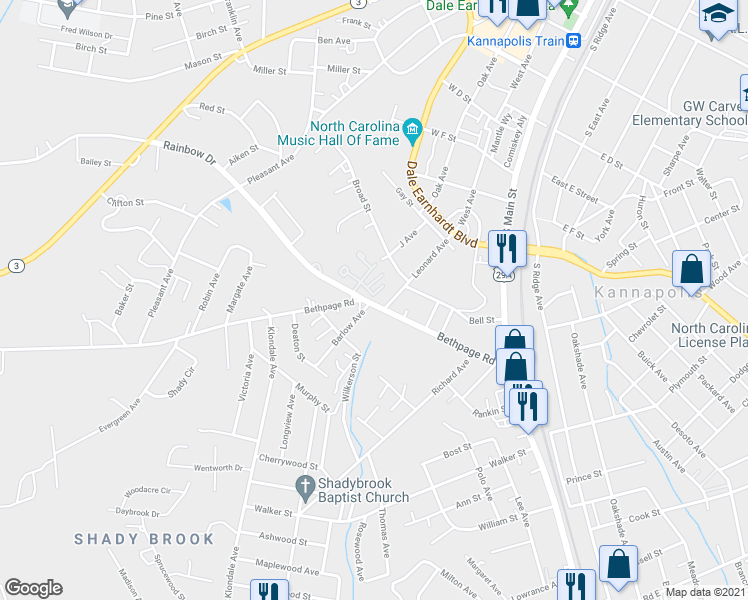 map of restaurants, bars, coffee shops, grocery stores, and more near 501 Rainbow Drive in Kannapolis