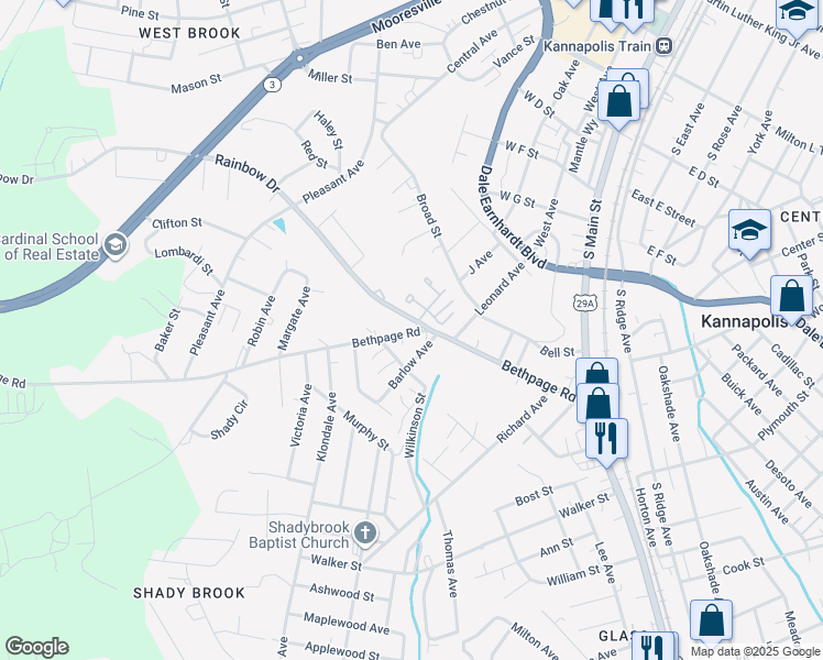 map of restaurants, bars, coffee shops, grocery stores, and more near 501 Rainbow Drive in Kannapolis