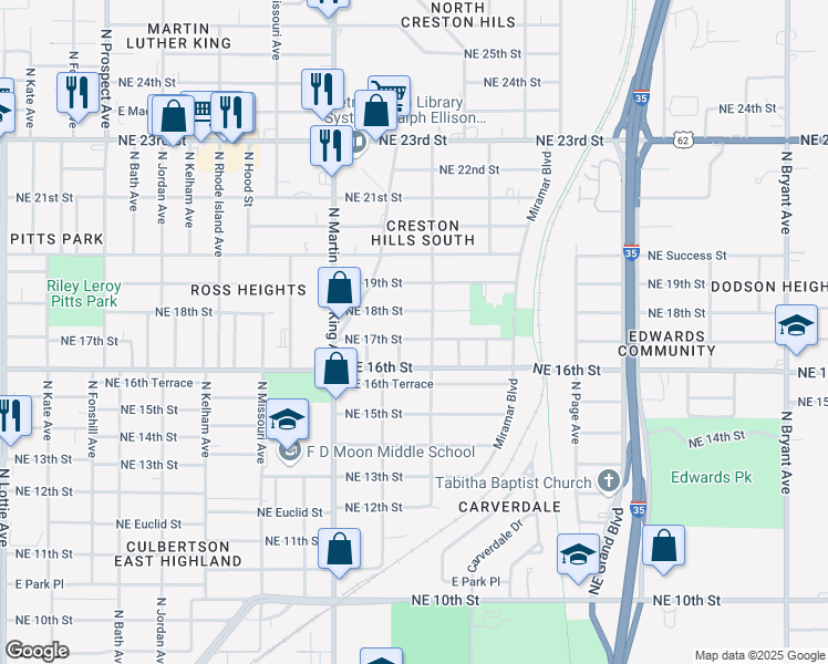 map of restaurants, bars, coffee shops, grocery stores, and more near 2125 Northeast 17th Street in Oklahoma City