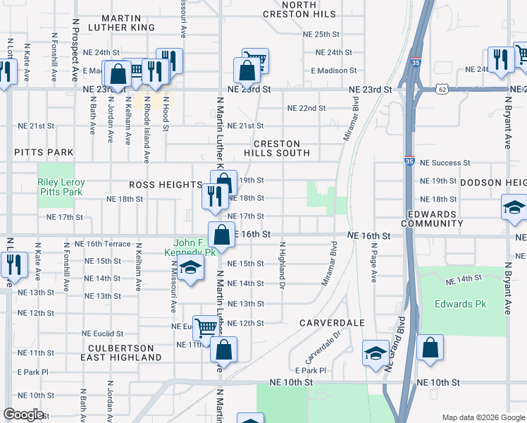 map of restaurants, bars, coffee shops, grocery stores, and more near 2045 Northeast 17th Street in Oklahoma City
