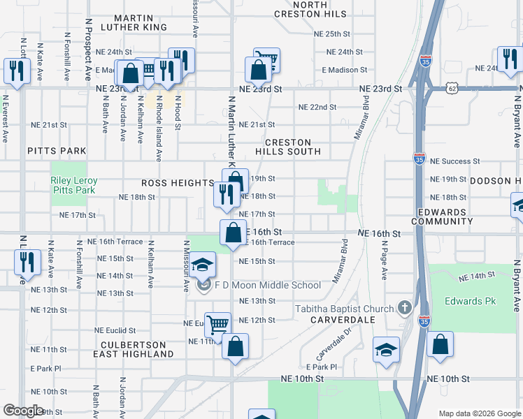 map of restaurants, bars, coffee shops, grocery stores, and more near 2045 Northeast 17th Street in Oklahoma City