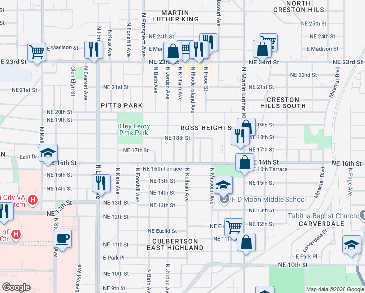 map of restaurants, bars, coffee shops, grocery stores, and more near 1807 North Kelham Avenue in Oklahoma City