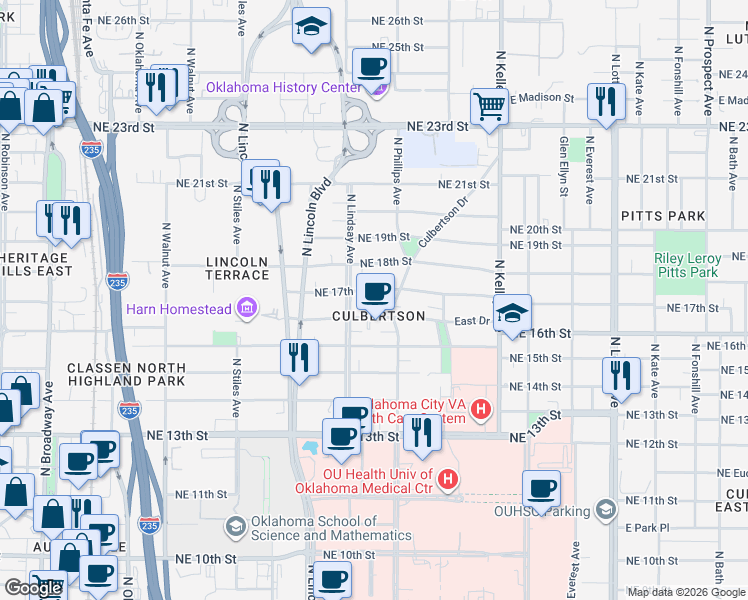 map of restaurants, bars, coffee shops, grocery stores, and more near 714 Northeast 17th Street in Oklahoma City