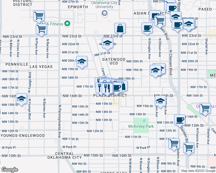 map of restaurants, bars, coffee shops, grocery stores, and more near 1744 Northwest 17th Street in Oklahoma City