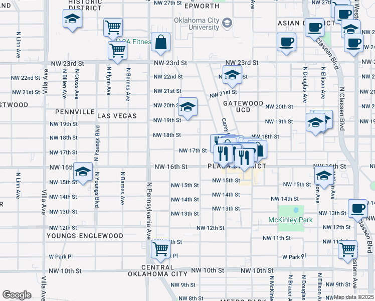 map of restaurants, bars, coffee shops, grocery stores, and more near 1932 Northwest 17th Street in Oklahoma City