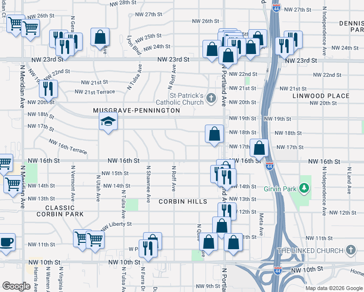 map of restaurants, bars, coffee shops, grocery stores, and more near 1721 Manor Drive in Oklahoma City