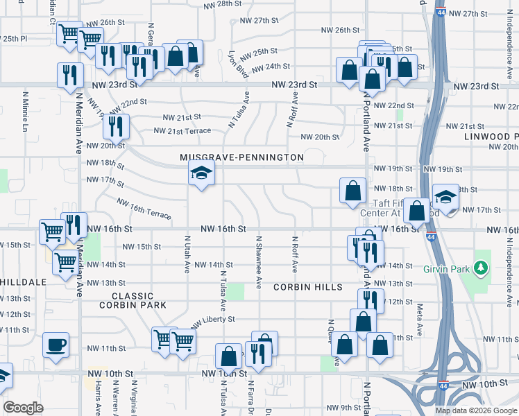 map of restaurants, bars, coffee shops, grocery stores, and more near 1722 North Shawnee Avenue in Oklahoma City