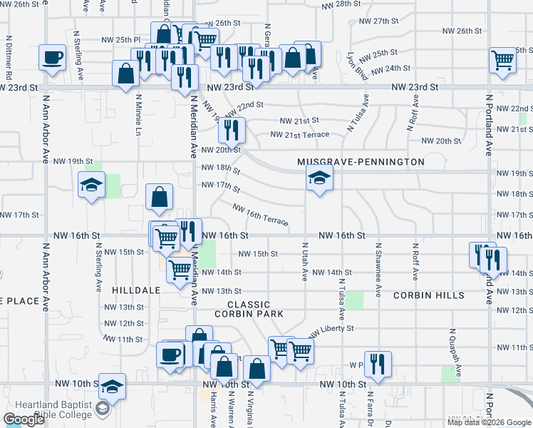 map of restaurants, bars, coffee shops, grocery stores, and more near 1720 North Vermont Avenue in Oklahoma City