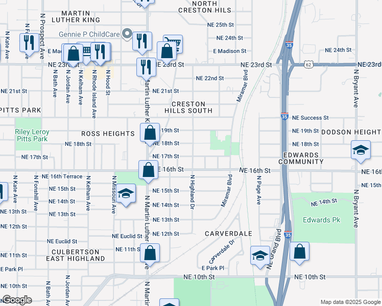 map of restaurants, bars, coffee shops, grocery stores, and more near 2125 Northeast 17th Street in Oklahoma City