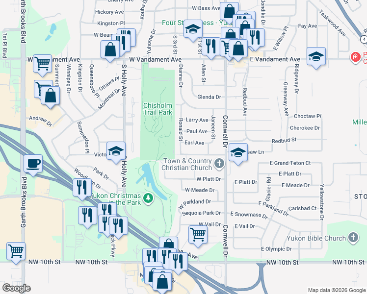 map of restaurants, bars, coffee shops, grocery stores, and more near 2009 Ronald Street in Yukon