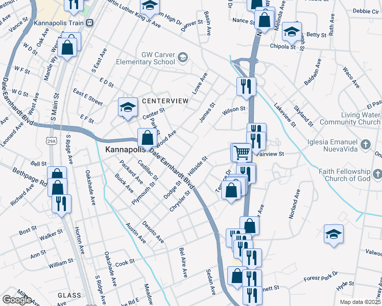 map of restaurants, bars, coffee shops, grocery stores, and more near 614 Laundry Street in Kannapolis