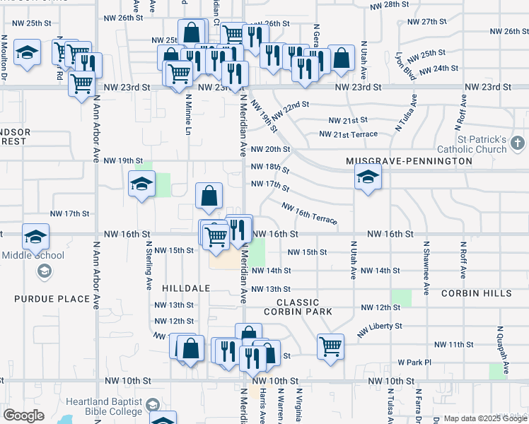 map of restaurants, bars, coffee shops, grocery stores, and more near 1700 North Warren Avenue in Oklahoma City
