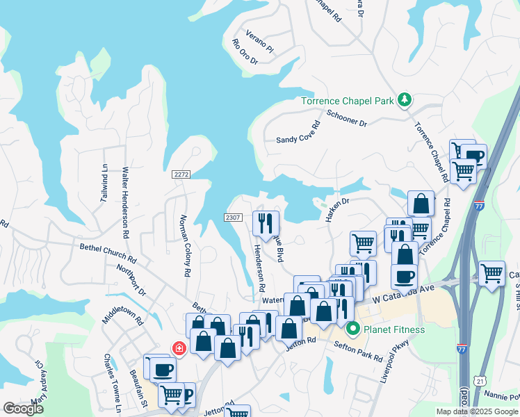 map of restaurants, bars, coffee shops, grocery stores, and more near 21358 Nautique Boulevard in Cornelius