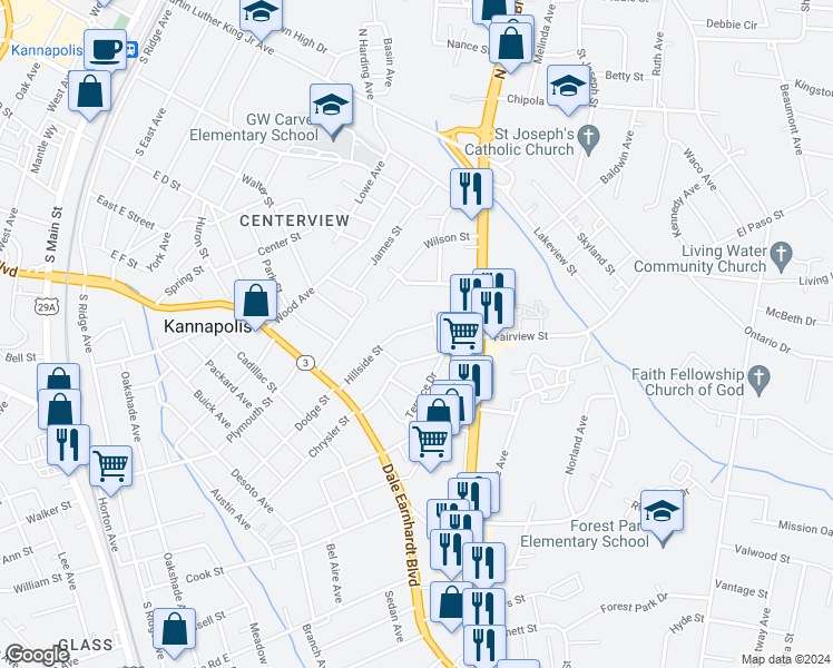 map of restaurants, bars, coffee shops, grocery stores, and more near 712 Hillside Street in Kannapolis