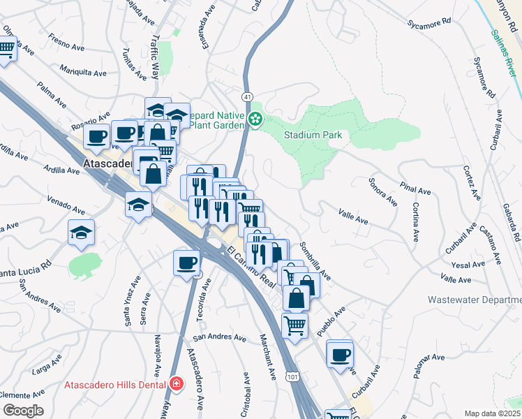 map of restaurants, bars, coffee shops, grocery stores, and more near 7124 Sombrilla Avenue in Atascadero