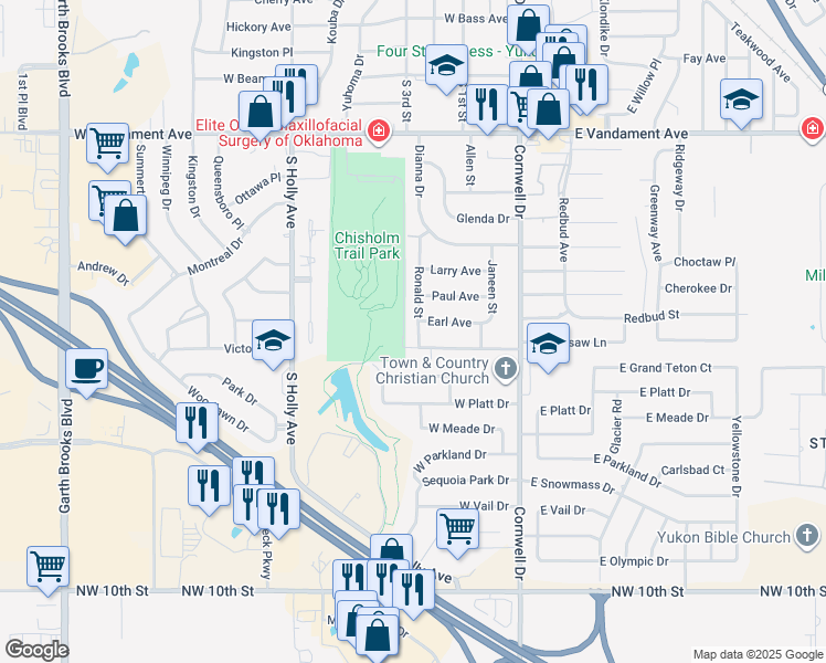 map of restaurants, bars, coffee shops, grocery stores, and more near 2009 Ronald Street in Yukon