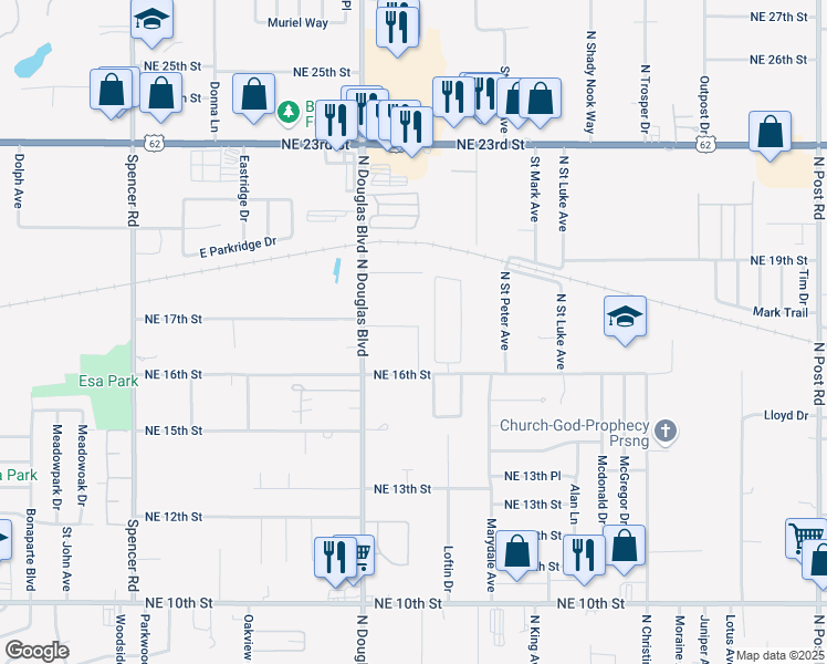 map of restaurants, bars, coffee shops, grocery stores, and more near 9016 Northeast 17th Street in Oklahoma City
