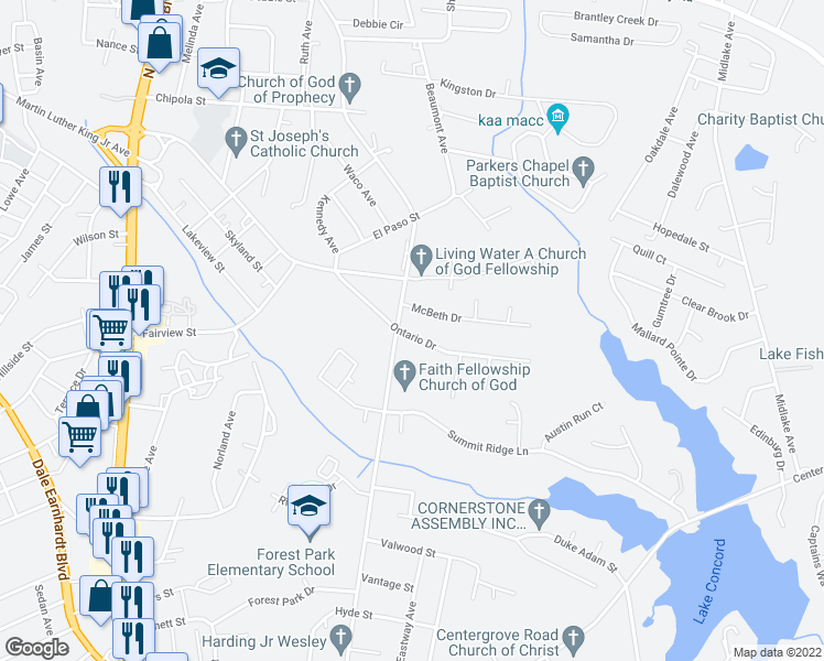 map of restaurants, bars, coffee shops, grocery stores, and more near 1405 Ontario Drive in Kannapolis