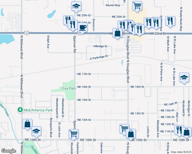 map of restaurants, bars, coffee shops, grocery stores, and more near 8708 Northeast 17th Street in Oklahoma City