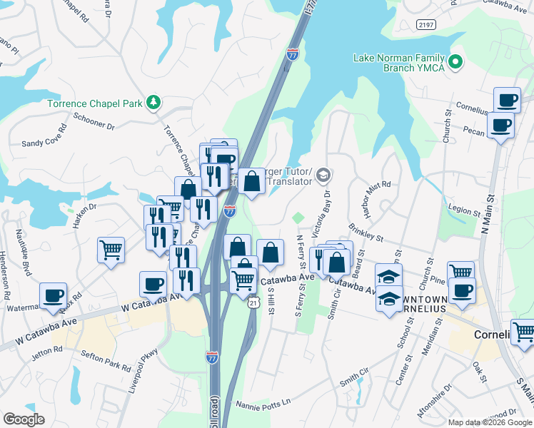map of restaurants, bars, coffee shops, grocery stores, and more near 20705 Sterling Bay Lane East in Cornelius