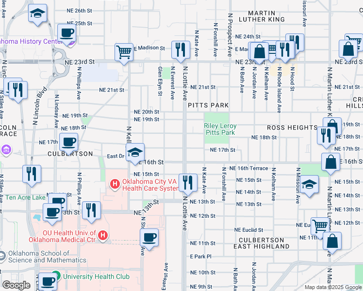 map of restaurants, bars, coffee shops, grocery stores, and more near 1801 North Lottie Avenue in Oklahoma City
