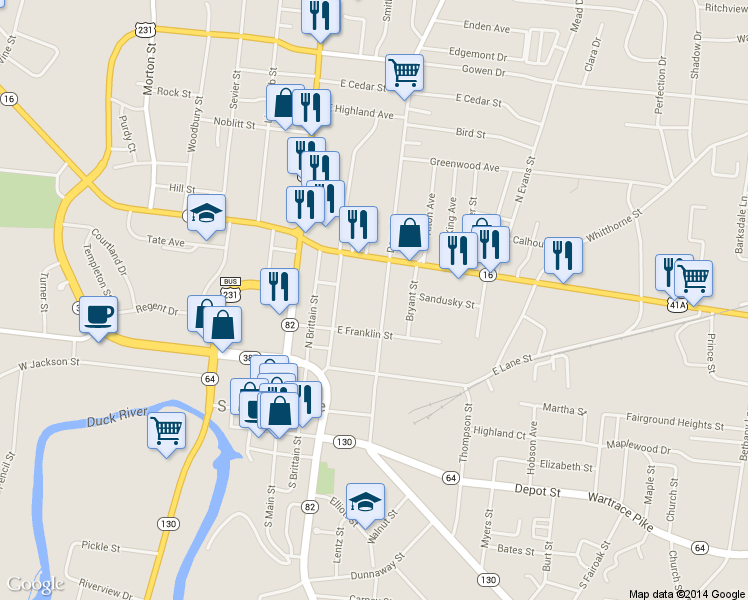 map of restaurants, bars, coffee shops, grocery stores, and more near 515 Deery Street in Shelbyville