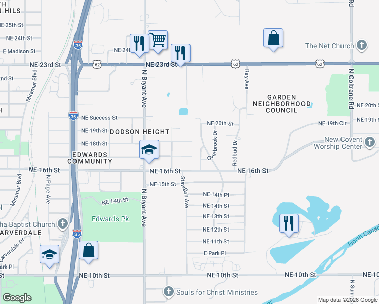 map of restaurants, bars, coffee shops, grocery stores, and more near 3131 Northeast 17th Street in Oklahoma City