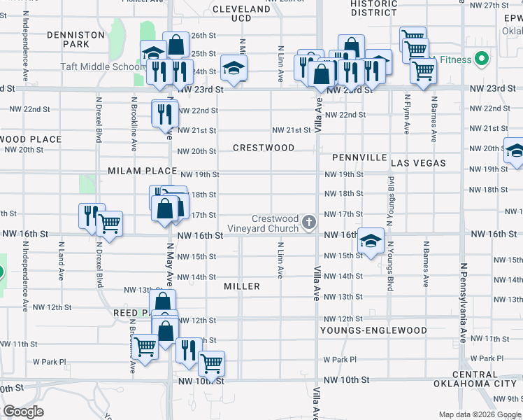 map of restaurants, bars, coffee shops, grocery stores, and more near 2709 Northwest 17th Street in Oklahoma City
