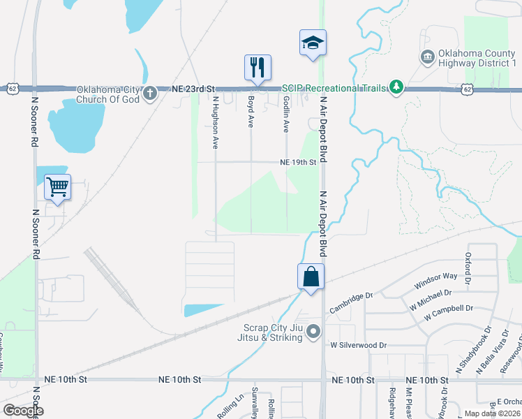 map of restaurants, bars, coffee shops, grocery stores, and more near 1800 Boyd Avenue in Oklahoma City