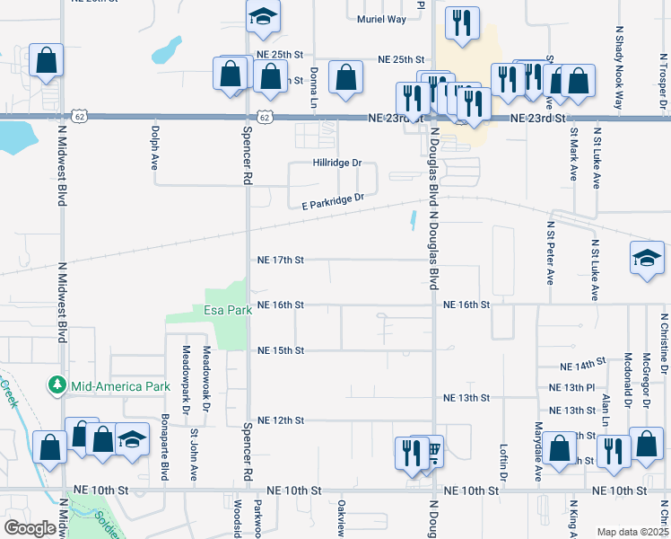 map of restaurants, bars, coffee shops, grocery stores, and more near 8708 Northeast 17th Street in Oklahoma City