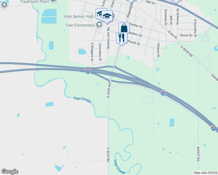 map of restaurants, bars, coffee shops, grocery stores, and more near 448018 East 1055 Road in Vian