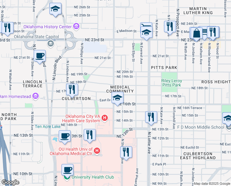 map of restaurants, bars, coffee shops, grocery stores, and more near 1003 Northeast 17th Street in Oklahoma City
