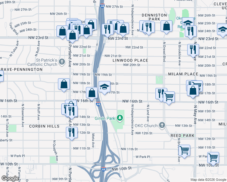 map of restaurants, bars, coffee shops, grocery stores, and more near 3336 Northwest 17th Street in Oklahoma City