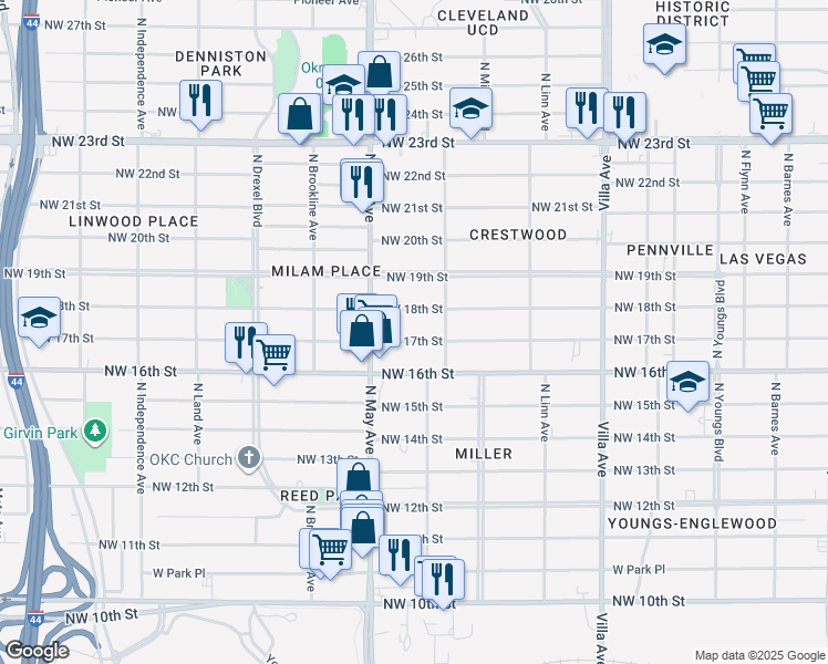 map of restaurants, bars, coffee shops, grocery stores, and more near 2837 Northwest 17th Street in Oklahoma City