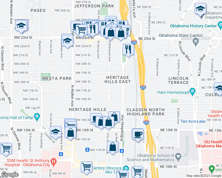 map of restaurants, bars, coffee shops, grocery stores, and more near 135 Northwest 17th Street in Oklahoma City