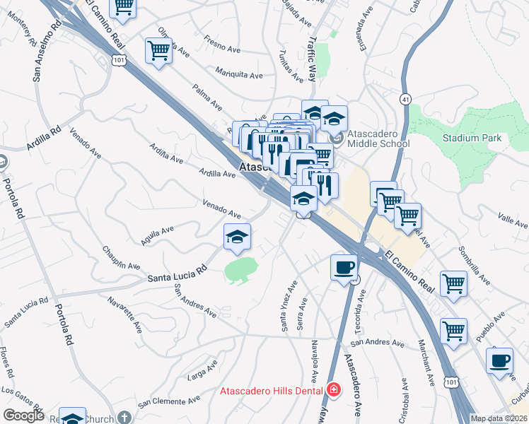 map of restaurants, bars, coffee shops, grocery stores, and more near 6455 Santa Lucia Road in Atascadero