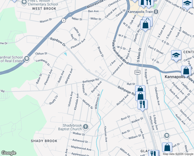map of restaurants, bars, coffee shops, grocery stores, and more near 501 Rainbow Drive in Kannapolis