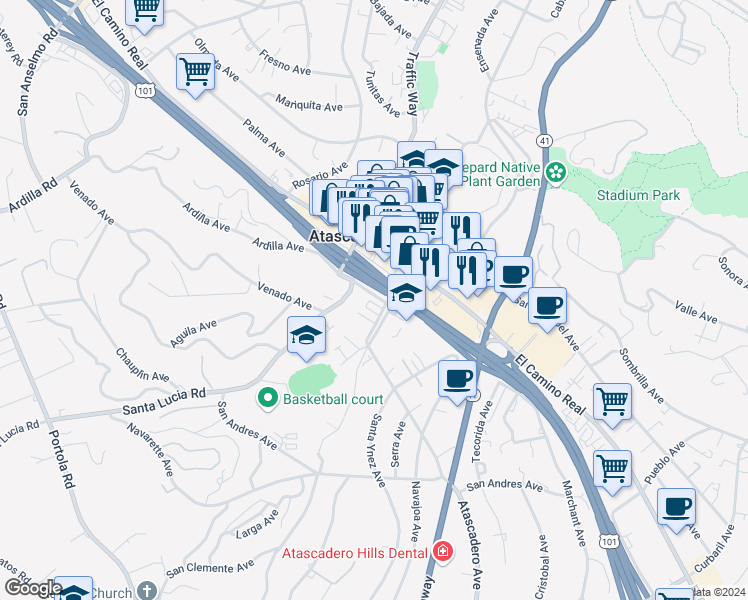 map of restaurants, bars, coffee shops, grocery stores, and more near 6480 Ardilla Avenue in Atascadero