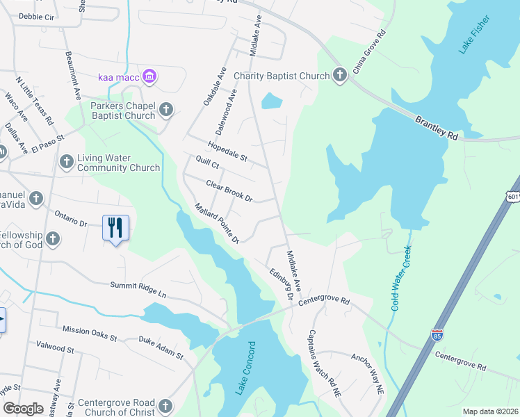 map of restaurants, bars, coffee shops, grocery stores, and more near 2171 Mallard Pointe Drive in Kannapolis