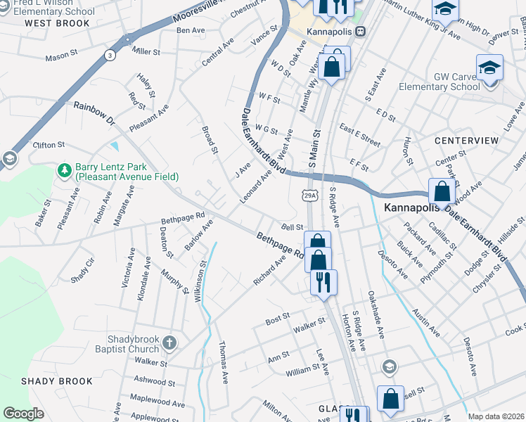 map of restaurants, bars, coffee shops, grocery stores, and more near 307 Bell Street in Kannapolis
