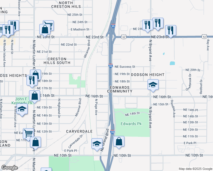map of restaurants, bars, coffee shops, grocery stores, and more near 1807 Northeast Grand Boulevard in Oklahoma City