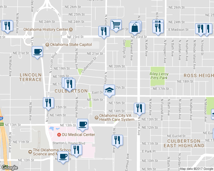map of restaurants, bars, coffee shops, grocery stores, and more near 1005 Northeast 17th Street in Oklahoma City