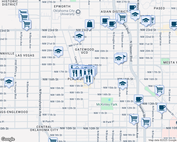 map of restaurants, bars, coffee shops, grocery stores, and more near 1708 Northwest 17th Street in Oklahoma City