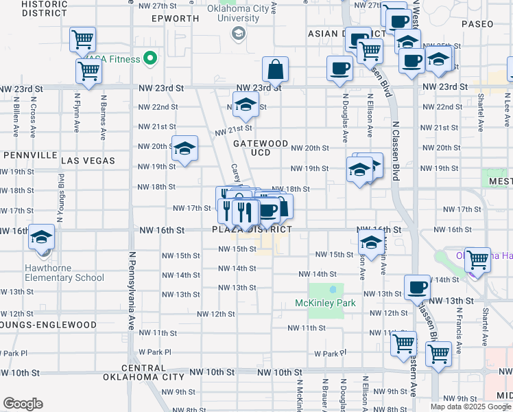 map of restaurants, bars, coffee shops, grocery stores, and more near 1744 Northwest 17th Street in Oklahoma City