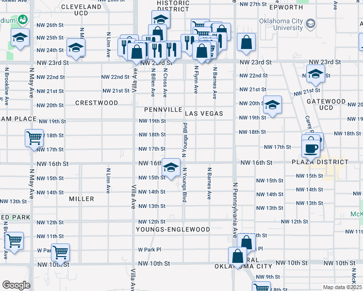 map of restaurants, bars, coffee shops, grocery stores, and more near 2307 Northwest 17th Street in Oklahoma City