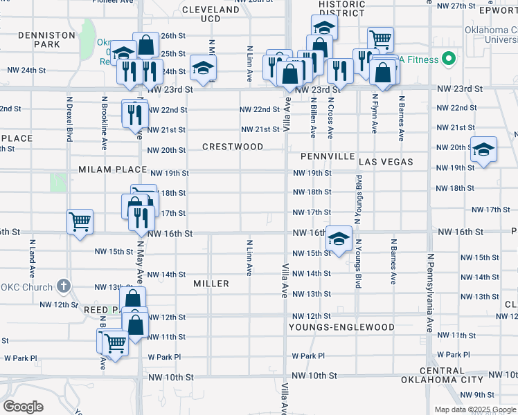 map of restaurants, bars, coffee shops, grocery stores, and more near 2541 Northwest 17th Street in Oklahoma City