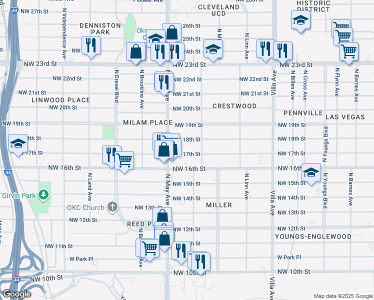 map of restaurants, bars, coffee shops, grocery stores, and more near 2837 Northwest 17th Street in Oklahoma City